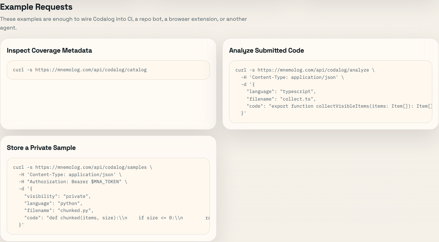 Codalog request examples screenshot