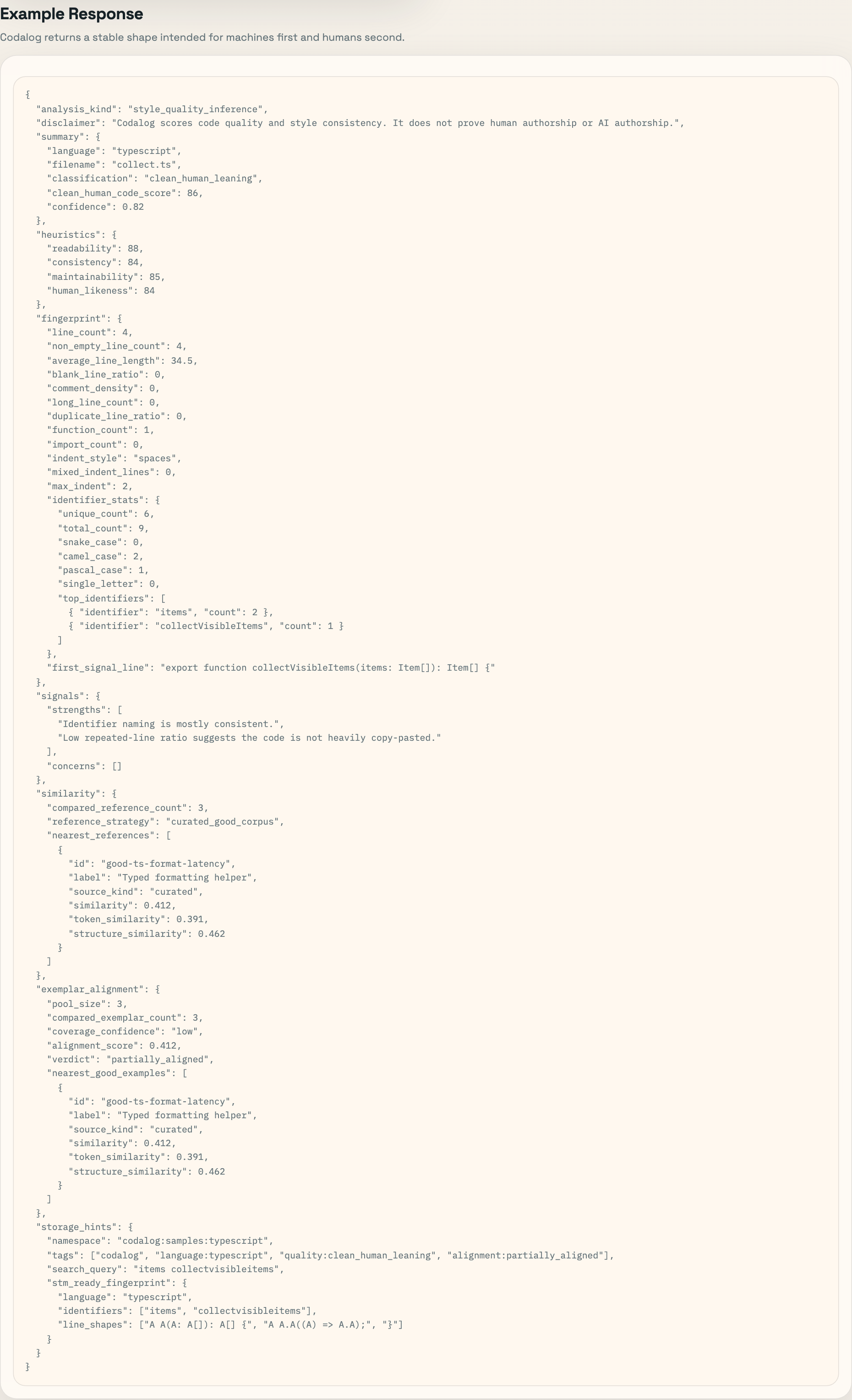 Codalog example response screenshot